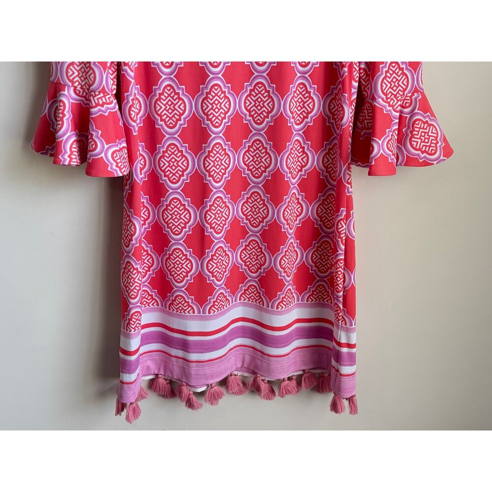 Cabana Life Coral Geo Off Shoulder Coverlux Smocked Mini Dress Pink Womens S NWT - Picture 12 of 13
